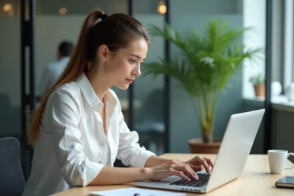 Femme en bureau sélectionnant une cellule Excel