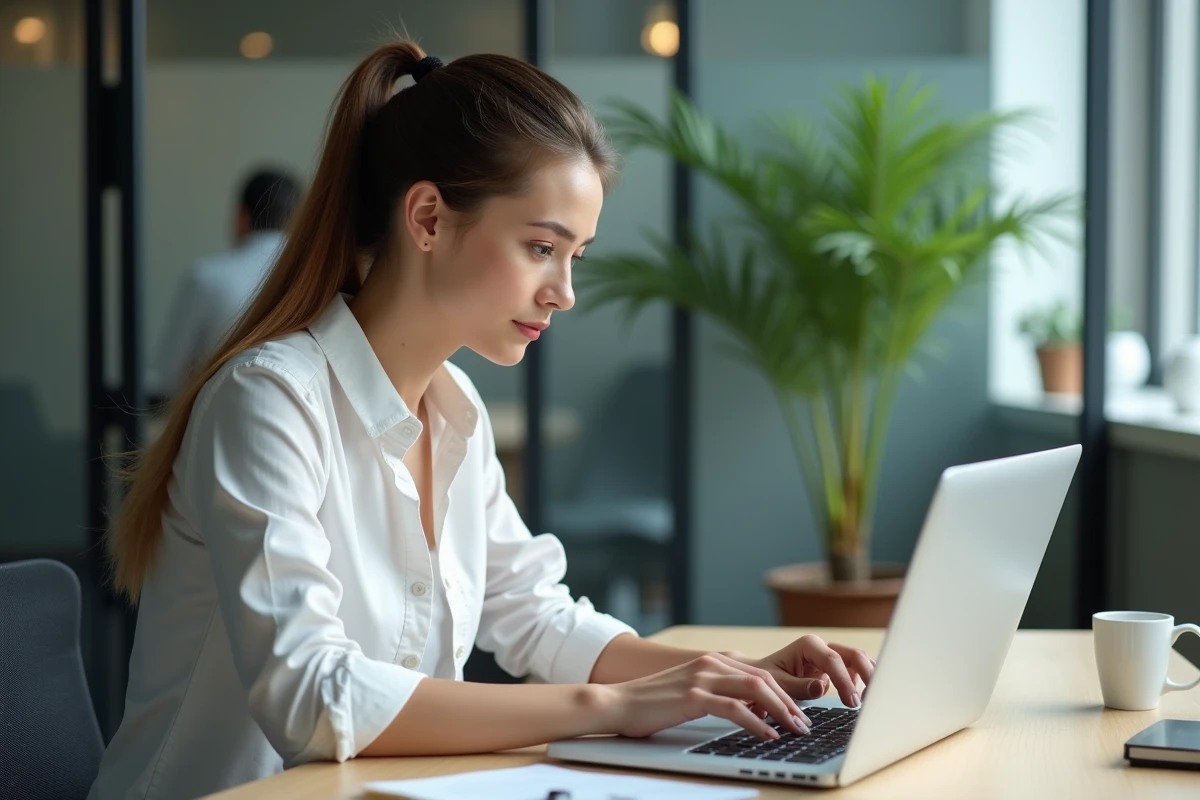 Femme en bureau sélectionnant une cellule Excel
