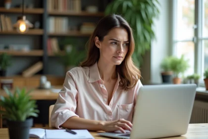 Femme au bureau à domicile regardant son ordinateur avec souci