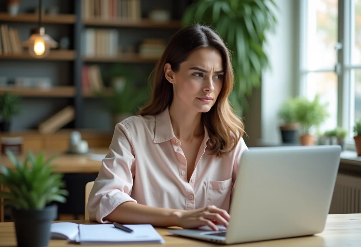 Femme au bureau à domicile regardant son ordinateur avec souci