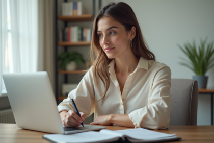 Jeune femme au bureau avec ordinateur portable et notes