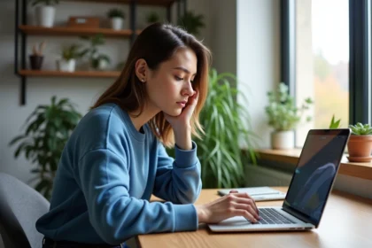 Jeune femme concentrée travaillant sur son ordinateur dans un bureau moderne