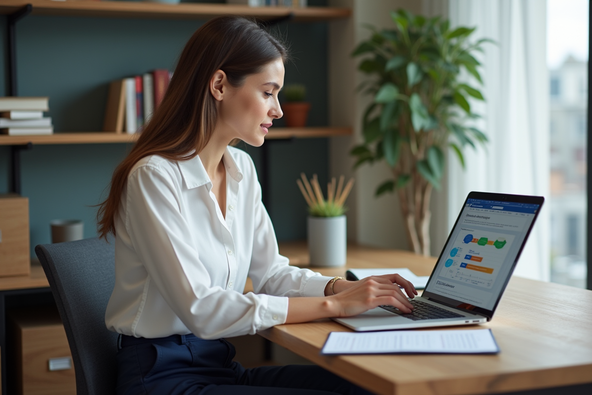 Femme concentrée créant un tableau Word dans un bureau moderne