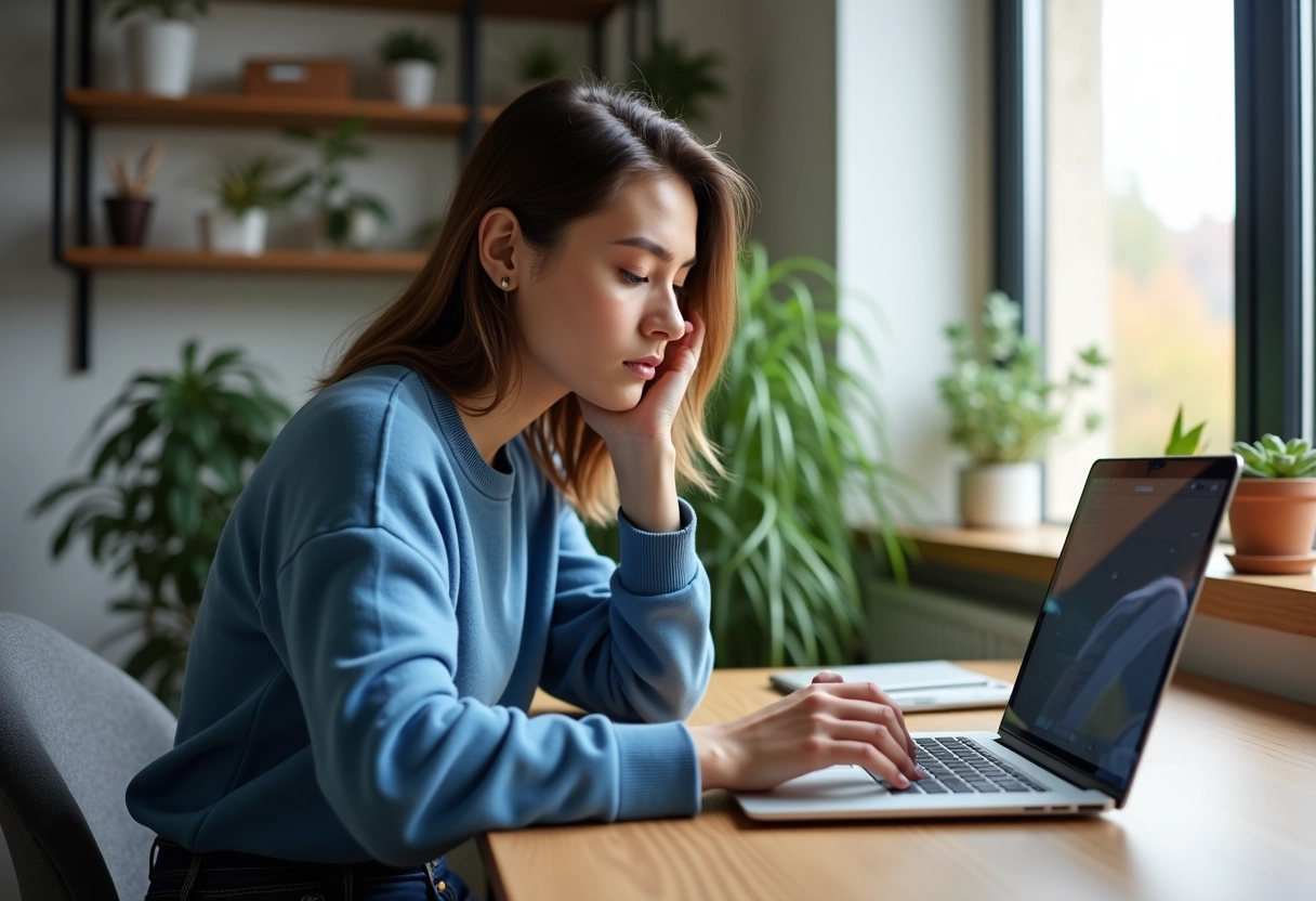 Jeune femme au bureau avec ordinateur portable et notes