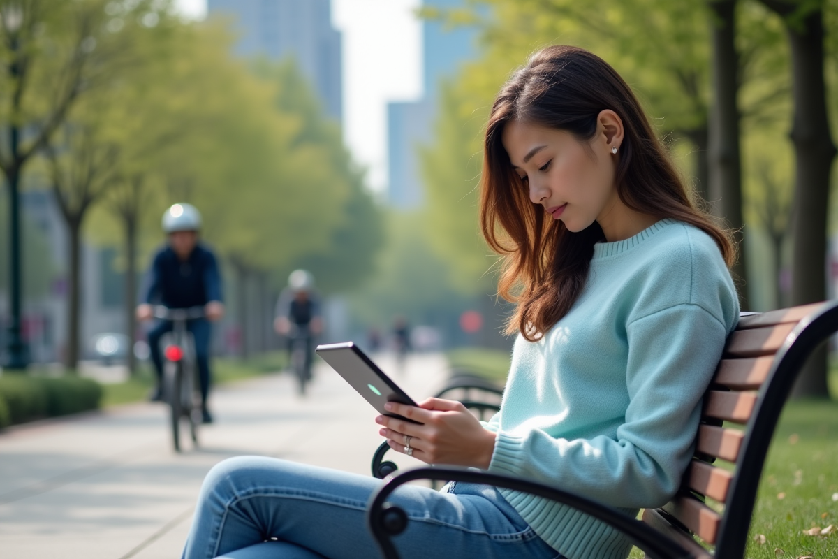 Jeune femme sur un banc de parc regardant son tablet