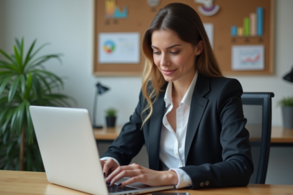 Femme professionnelle au bureau consulte ses emails