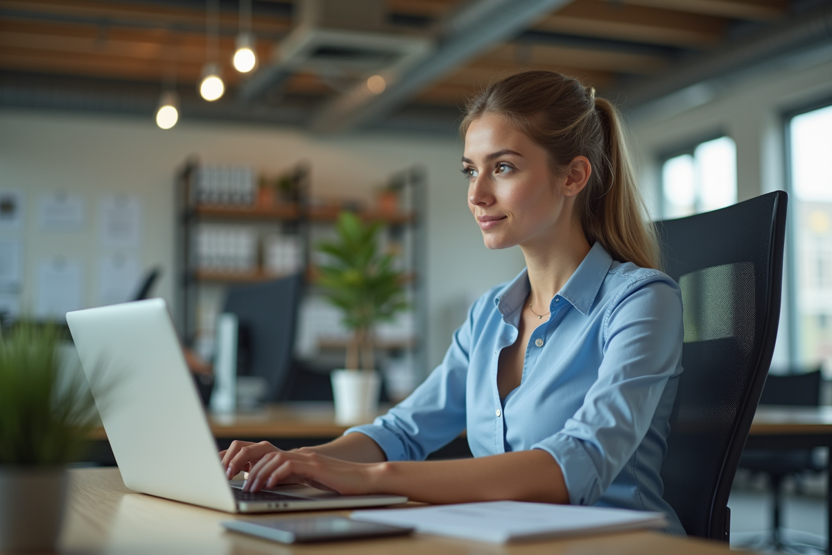 Jeune femme au bureau manipulant des données sur son ordinateur