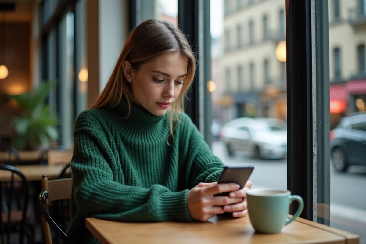 Jeune femme au café regardant son téléphone Android attentivement