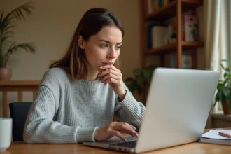 Jeune femme utilisant un ordinateur portable avec clavier AZERTY pour saisir un arobase, installée dans un bureau à domicile chaleureux