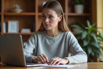 Femme perplexe devant un clavier d'ordinateur portable dont les touches semblent inversées dans un bureau à domicile