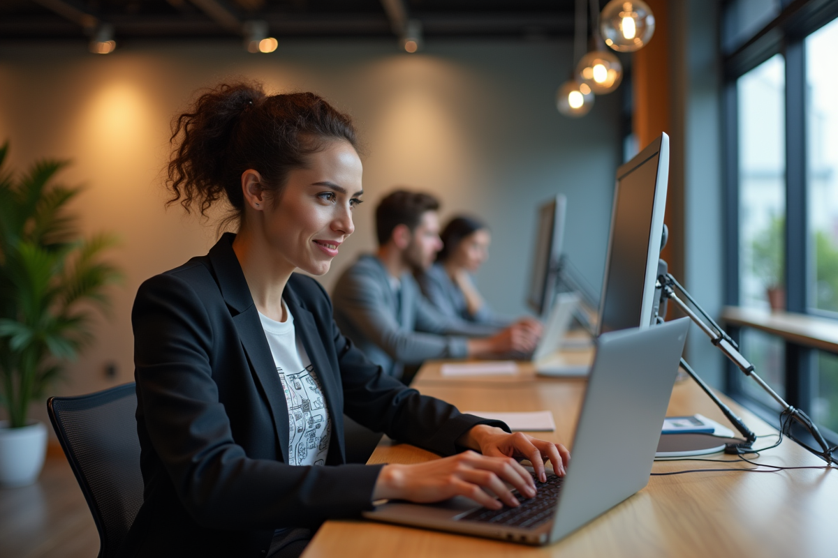 Femme en réunion de travail avec collègues et écrans de code