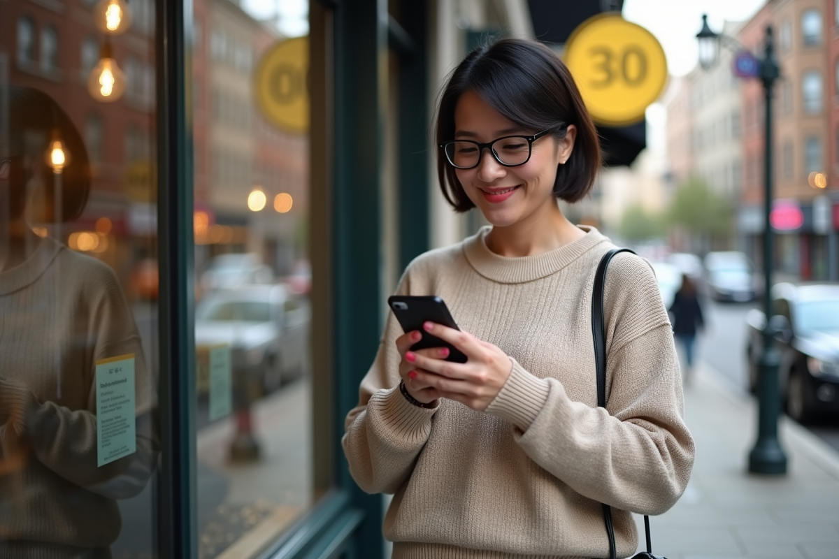 Femme d age moyen souriante devant sa boutique en ville