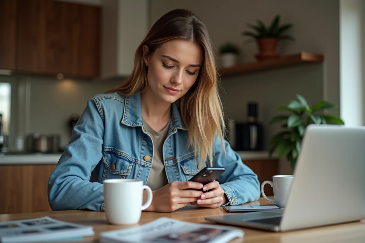 Jeune femme compare un iPhone 15 et un téléphone reconditionne