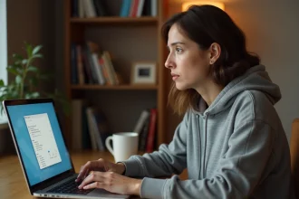 Femme confuse regardant des fichiers .jfif dans le gestionnaire de téléchargements de son ordinateur portable