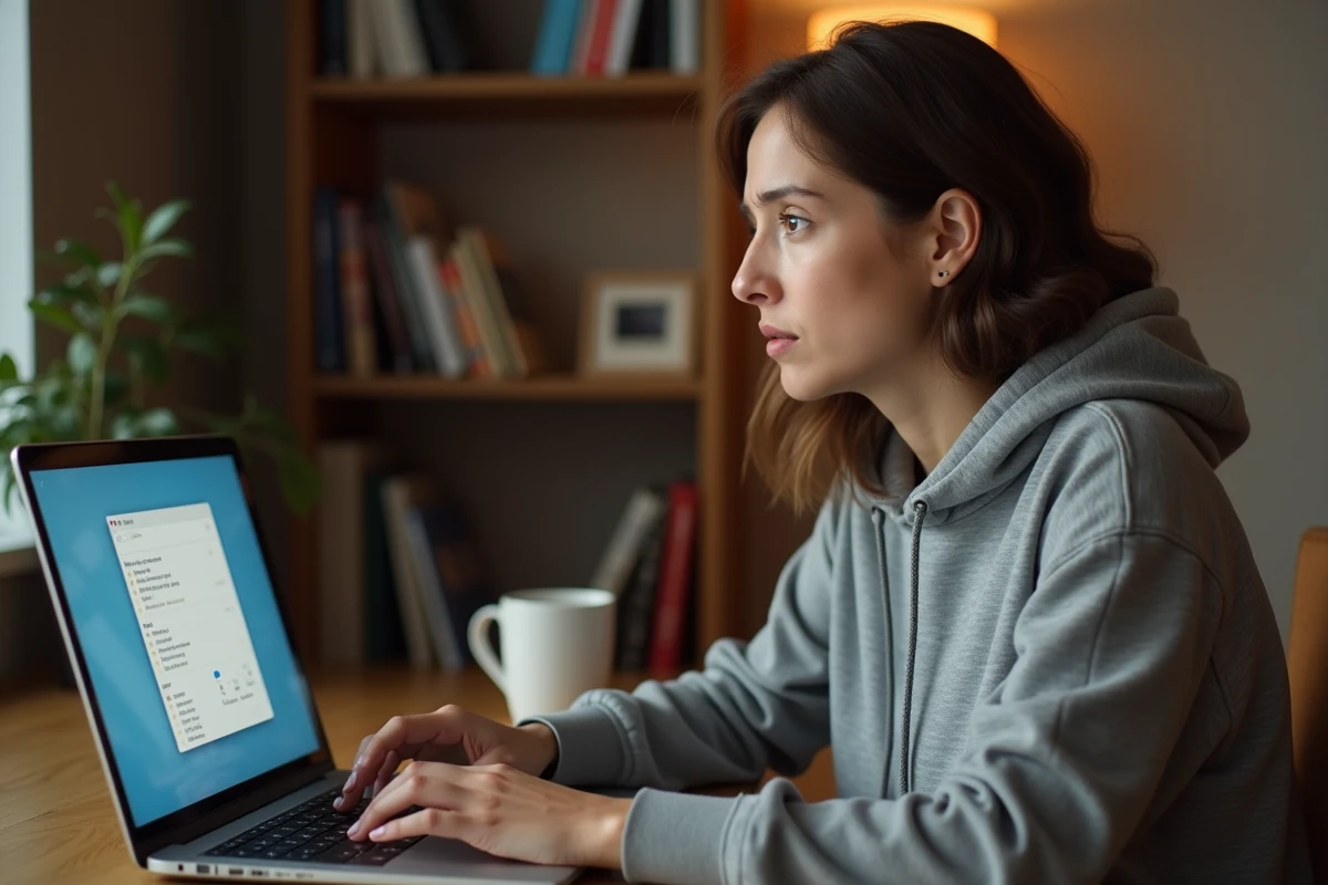 Femme confuse regardant des fichiers .jfif dans le gestionnaire de téléchargements de son ordinateur portable