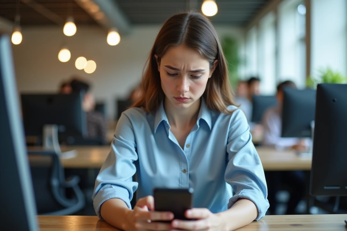 Jeune femme au coworking vérifiant son smartphone
