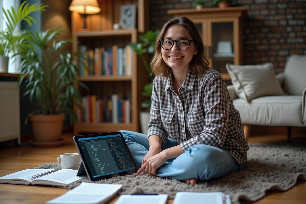 Femme décontractée utilisant une tablette avec Edge dans un salon cosy
