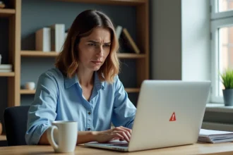 Femme frustrée devant son ordinateur portable affichant une erreur de messagerie webmail indisponible