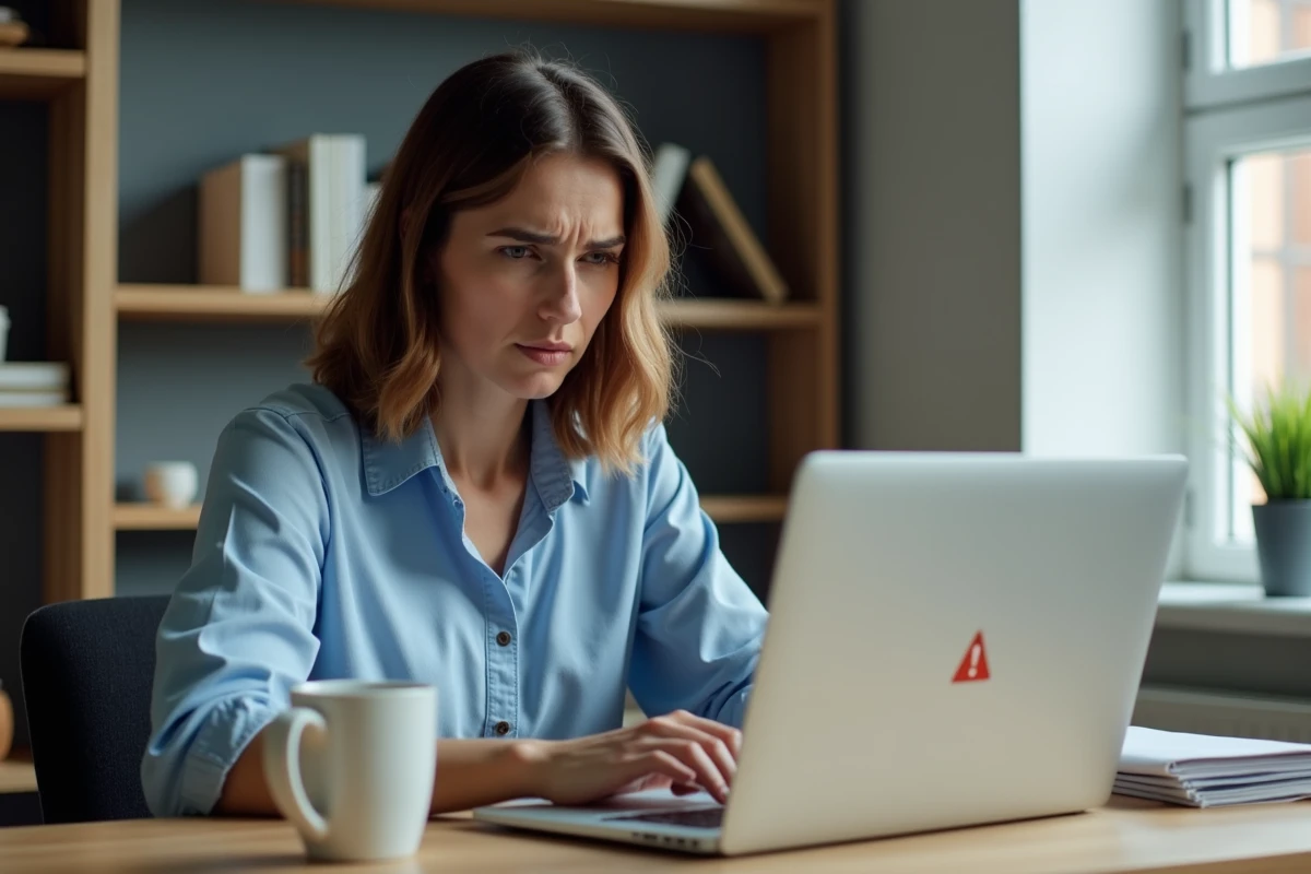Femme frustrée devant son ordinateur portable affichant une erreur de messagerie webmail indisponible
