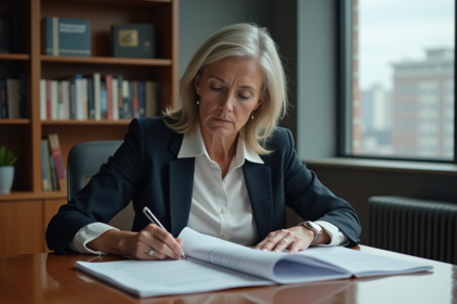 Femme réfléchie en milieu professionnel examinant des notes éthiques
