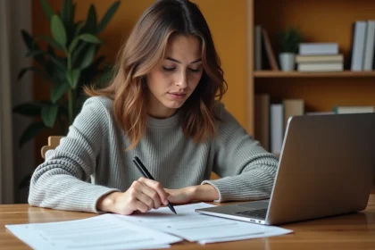 Femme adulte étudiant un cours d'informatique débutant en PDF imprimé à son bureau à domicile