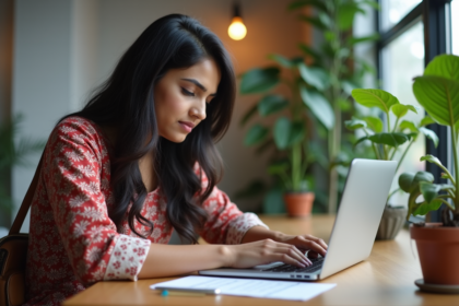 Jeune femme indienne compare prix de sites web sur un ordinateur