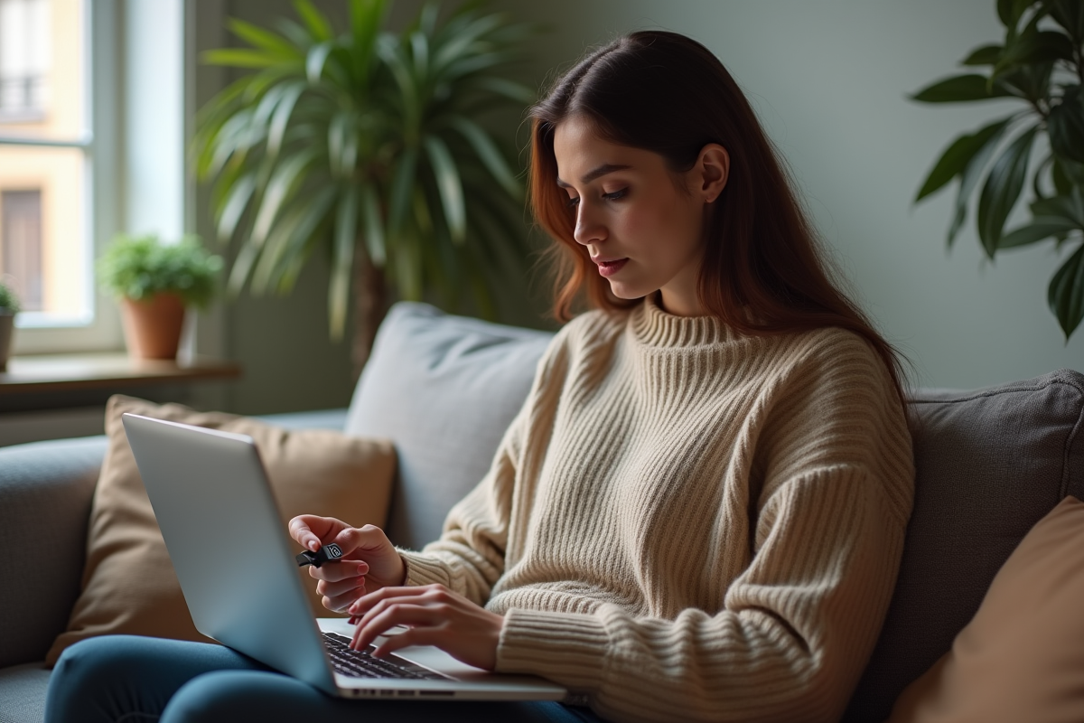 Jeune femme insérant une clé USB dans un ordinateur portable