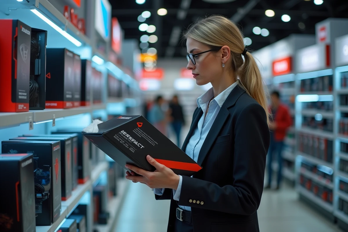 Femme achète une carte graphique dans un magasin d électronique