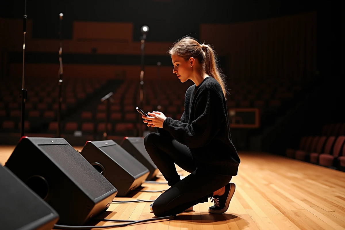 Jeune femme manipulant une application sur smartphone près des moniteurs
