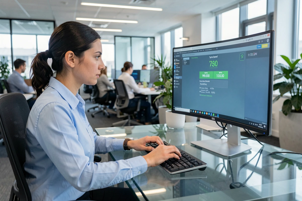 Femme en open-space tapant rapidement sur un clavier sans fil lors d'un test de vitesse de frappe
