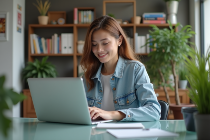 Jeune femme concentrée travaillant sur son ordinateur dans un bureau moderne
