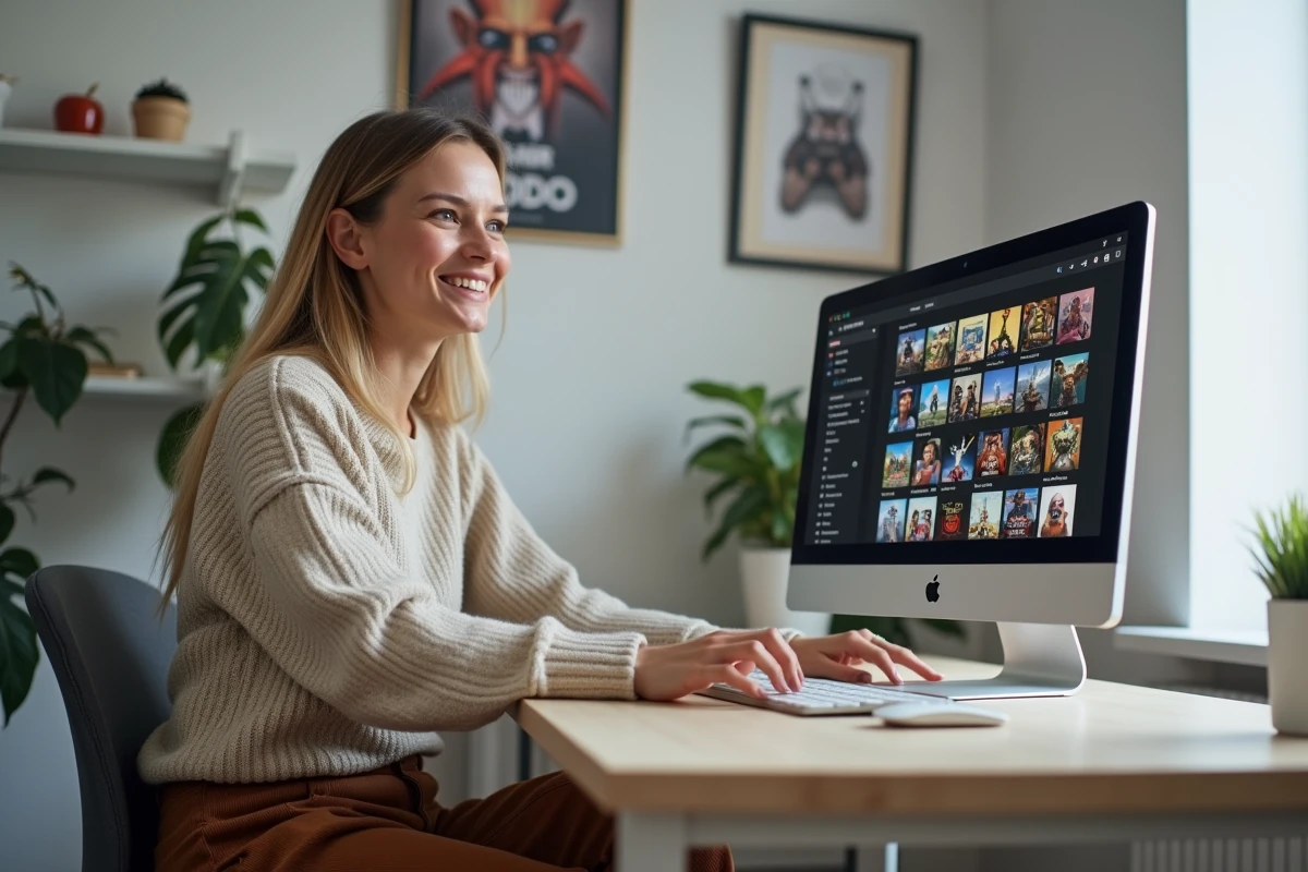 Femme souriante utilisant une bibliothèque de jeux sur un ordinateur