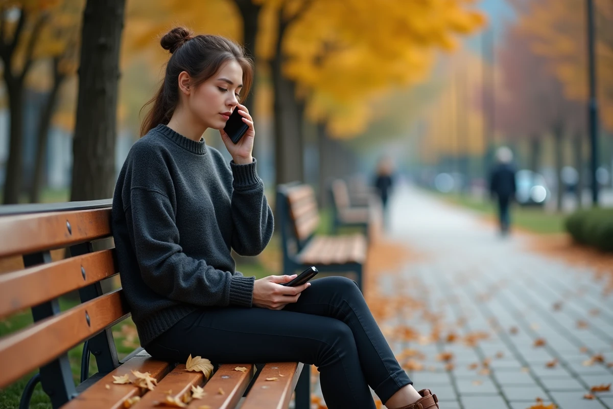 Femme assise dans un parc urbain parlant au téléphone en automne