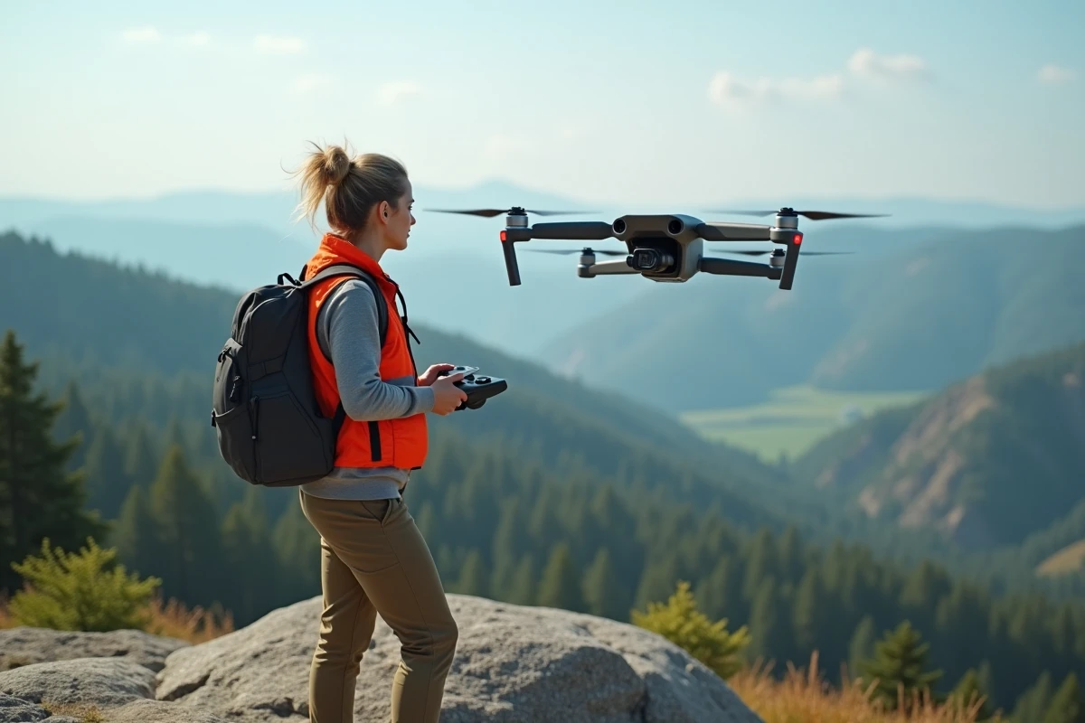 Femme pilote drone en terrain rocheux avec vue panoramique