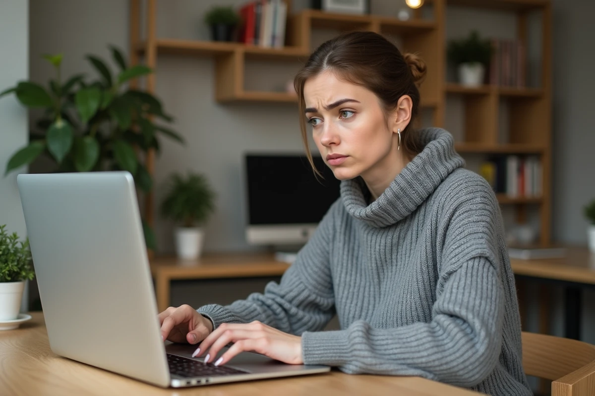Femme perplexe devant un clavier AZERTY sur son ordinateur portable, tentant de résoudre un problème de raccourci de caractère