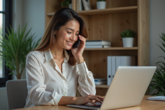 Jeune femme professionnelle travaillant sur un ordinateur portable dans un bureau moderne