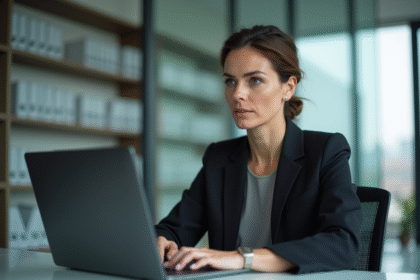 Femme d'affaires concentrée sur son ordinateur dans un bureau moderne