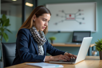 Femme professionnelle avec certificat SSL sur son ordinateur