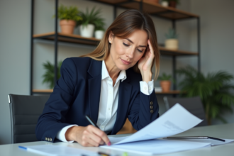 Femme en blazer navy examinant des documents dans un bureau moderne