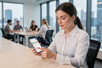 Femme professionnelle utilisant le Samsung Galaxy S24 pour la productivité au bureau