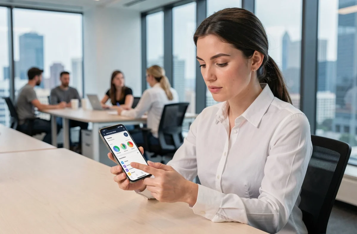 Femme professionnelle utilisant le Samsung Galaxy S24 pour la productivité au bureau