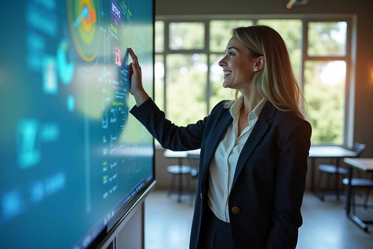Femme souriante utilisant un tableau interactif en formation