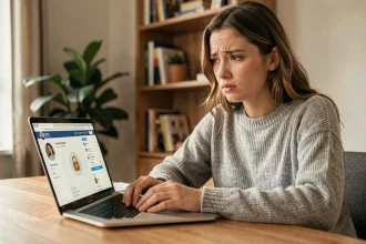 Jeune femme consultant un profil Instagram bloqué sur son ordinateur portable depuis son bureau à domicile