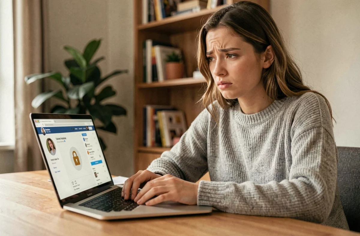 Jeune femme consultant un profil Instagram bloqué sur son ordinateur portable depuis son bureau à domicile