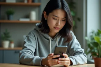 Femme tenant un smartphone Samsung et cherchant la corbeille dans les paramètres Android après une mise à jour