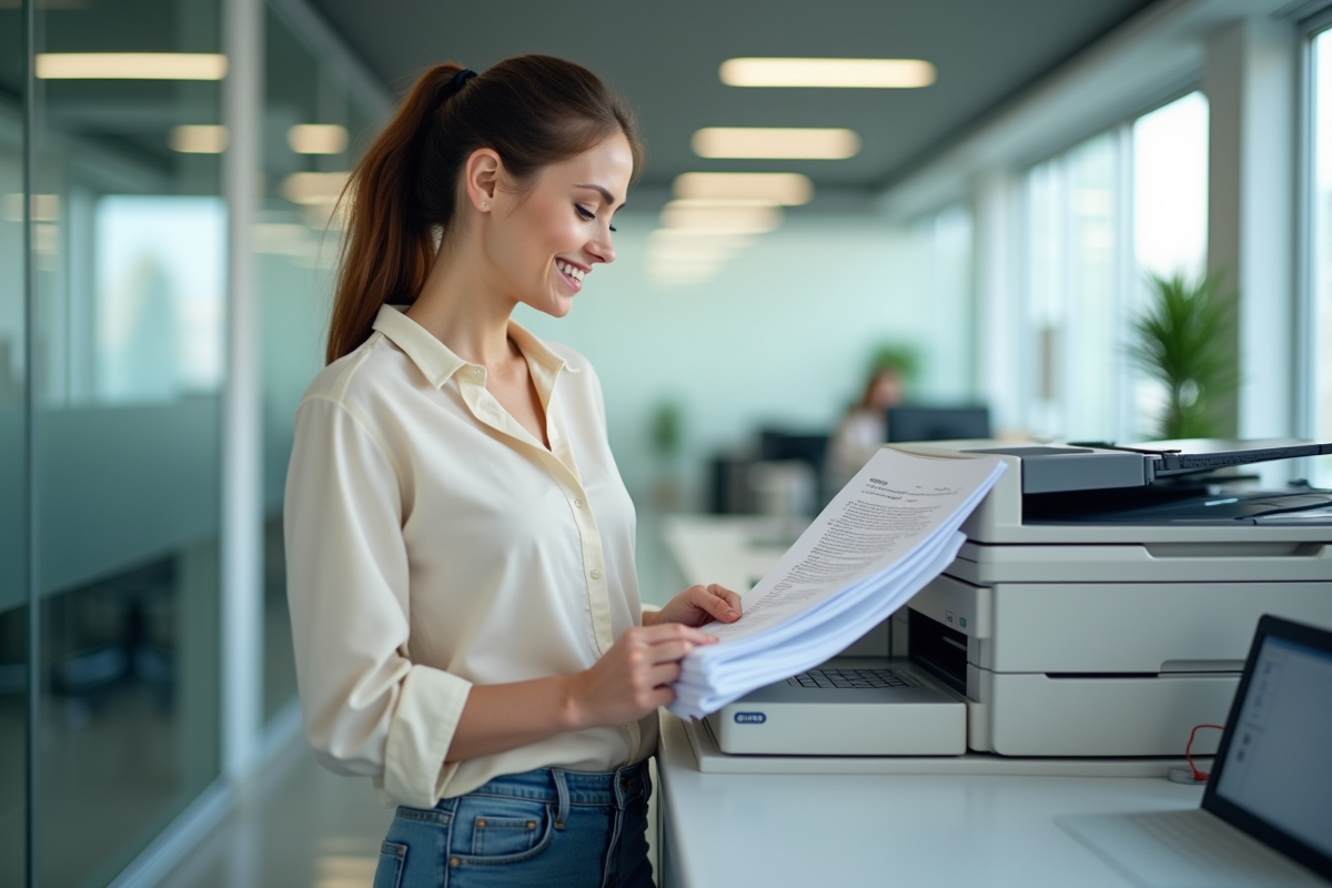 Femme scannant des pages dans un bureau lumineux