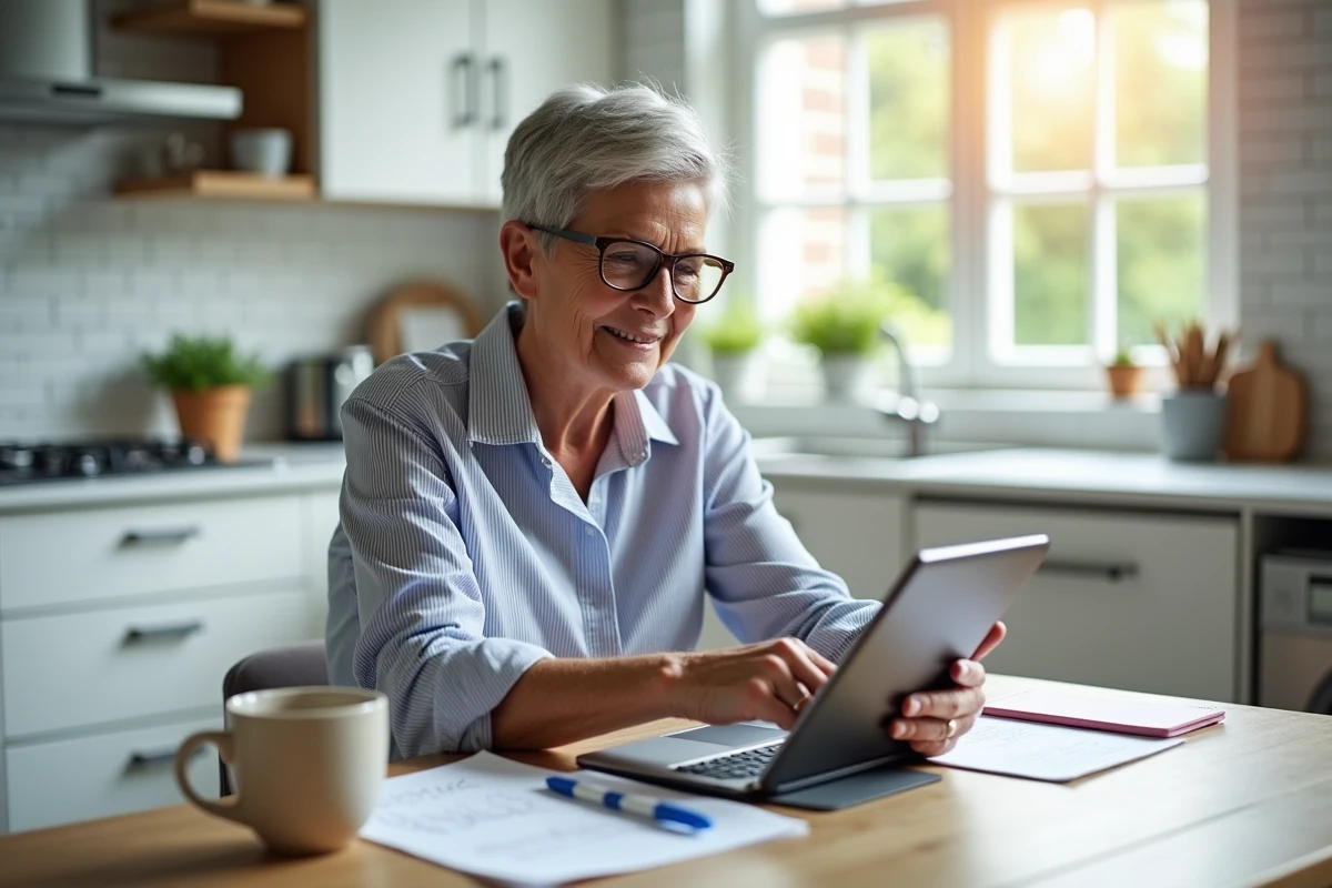 Femme senior apprenant l'informatique en autonomie avec un cours PDF affiché sur tablette dans sa cuisine