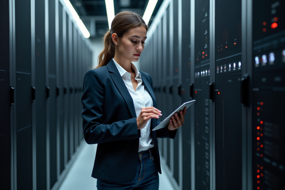 Jeune femme vérifiant un réseau dans une salle serveurs