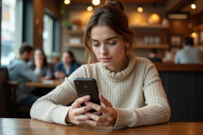 Jeune femme consultant un smartphone dans un café, illustrant la navigation discrète sur les réseaux sociaux