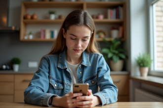 Jeune femme regardant son smartphone dans un appartement cosy